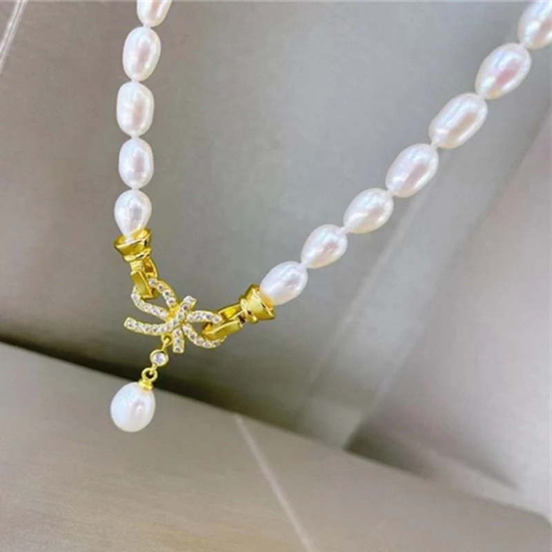 

Real Natural 5-6mm 9-11mm Bow Pendant Clasp White Akoya Pearl Necklace 40cm 45cm Silver Princess Length Free Shipping