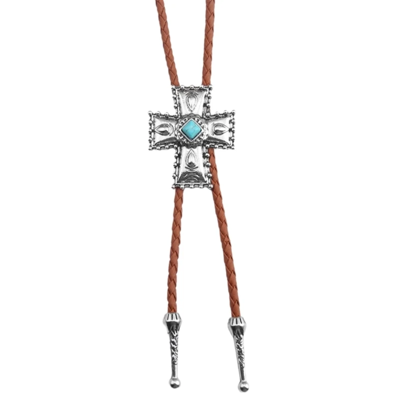 652F Vintage Punk Bolo Tie Necklace Leather Rope Shirt Chain with Metal Crosses Stone