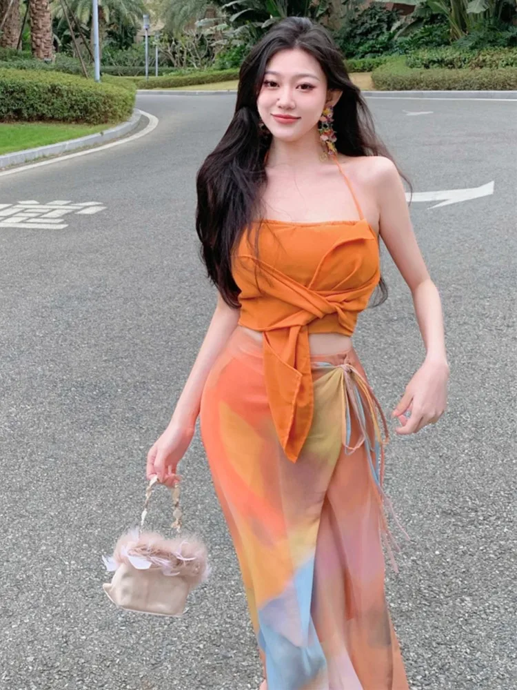 

Summer Korean Chic Beach Crop Top 2 Piece Set Women Fashion Lace Up Skirt Backless Orange Blouse Outfits Female Clothes