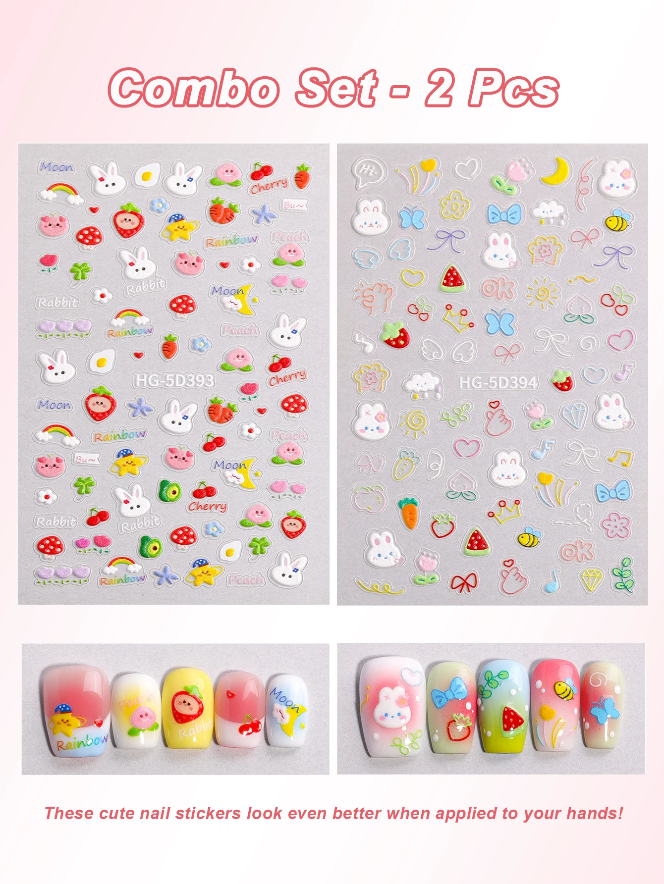 

1 Set Of 2 Cute Fruit Rabbit Nail Stickers 5d Relief Three-Dimensional Playful Cherry Mushroom Bow Small Fresh Decorations