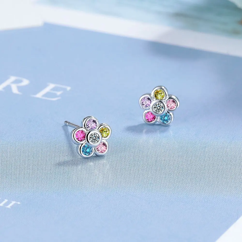 925 Sterling Silver Crystal Colorful Zircon Flower Cute Stud Earrings for Women S925 Wedding Party Jewelry Gift Aretes De Mujer