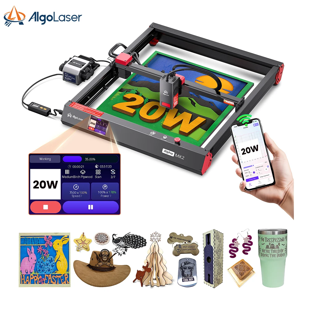 Machine de gravure laser Algolaser 20W - Graveur/coupeur laser avec kit d'assistance pneumatique - Machine de gravure laser avec écran tactile intelligent de 3,5 pouces et système AlgoOS, Graveur laser pour bois, métal, verre