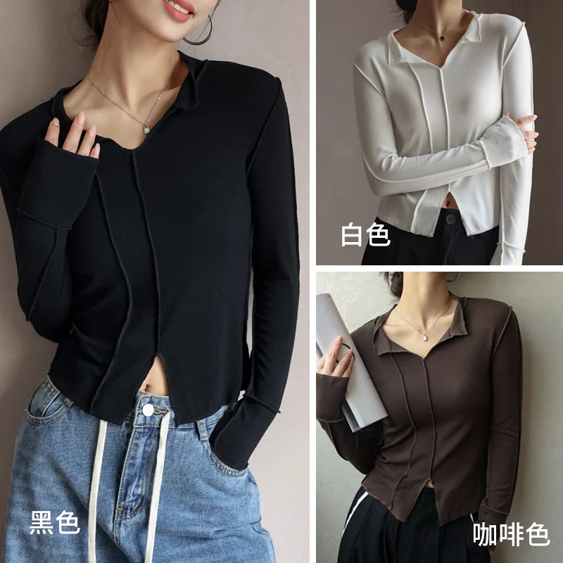 QHot-ขายคุณภาพ ModalVCollared Base Shirt Women, Autumn Inner Wear,เสื้อแขนยาวพร้อมดีไซน์ SenseTT-shirt