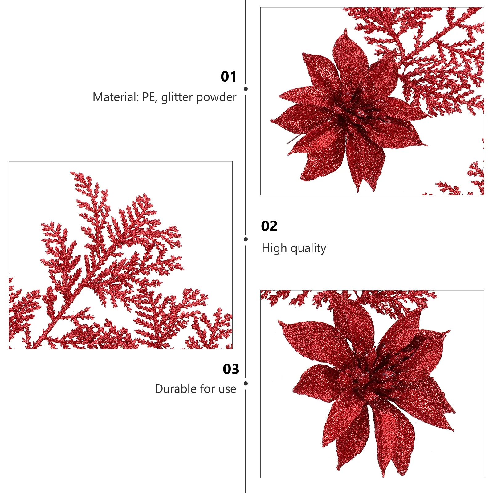 

6Pcs Christmas Flower Decor Glitter Artificial Flowers Clip for Tree Stair Handrail Festive Holiday Decoration