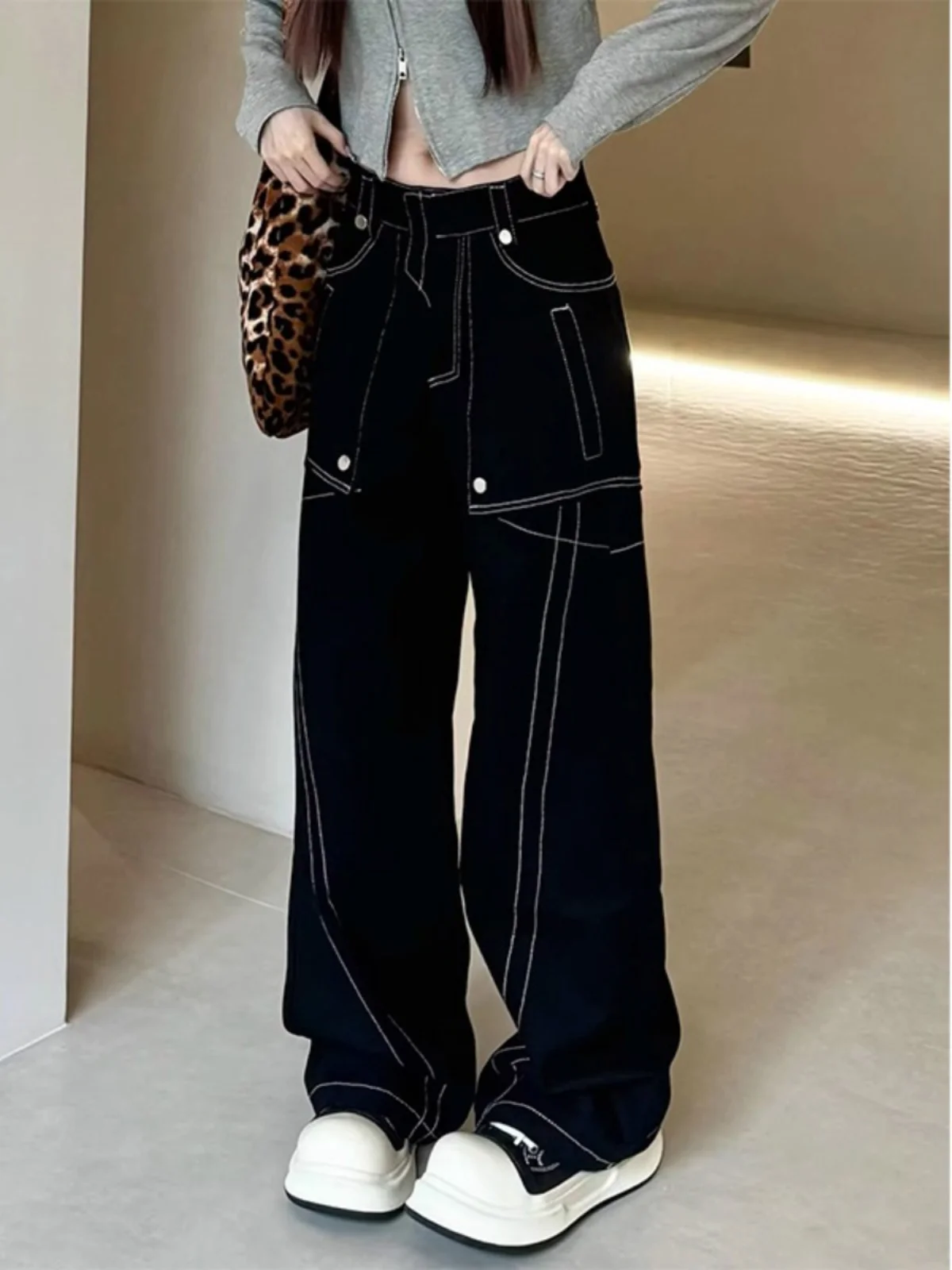 

Американские джинсы прямого кроя в стиле High Street с черной строчкой, винтажные повседневные свободные широкие брюки унисекс