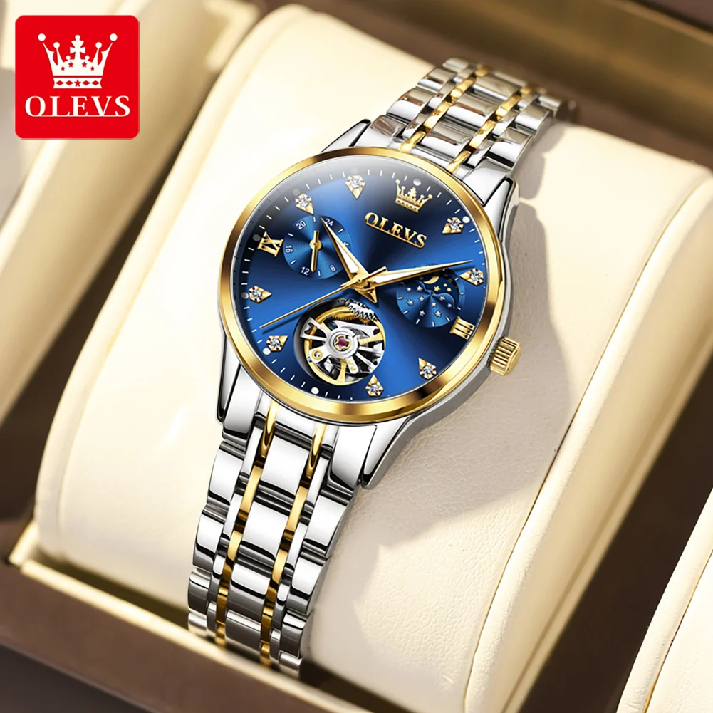 OLEVS Automated Mechanical Women\'s Watch Skeleton Hollow Moon Phase Date Display Elegant Luxury Watch for Ladies Original