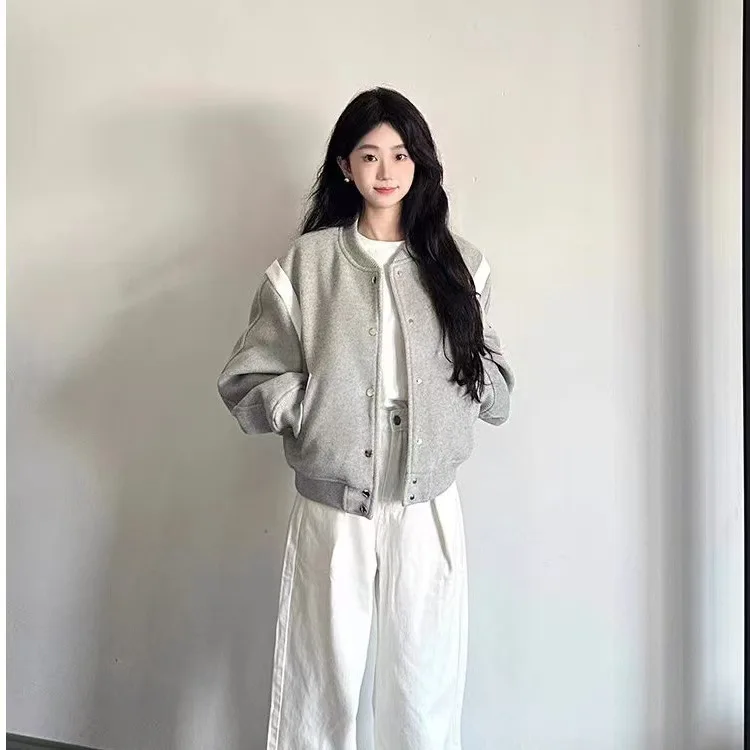 Thickened Autumn Winter New Style Women's Short Jacket Loose Student Baseball Uniform Hua Cotton Composite Silver  Fur
