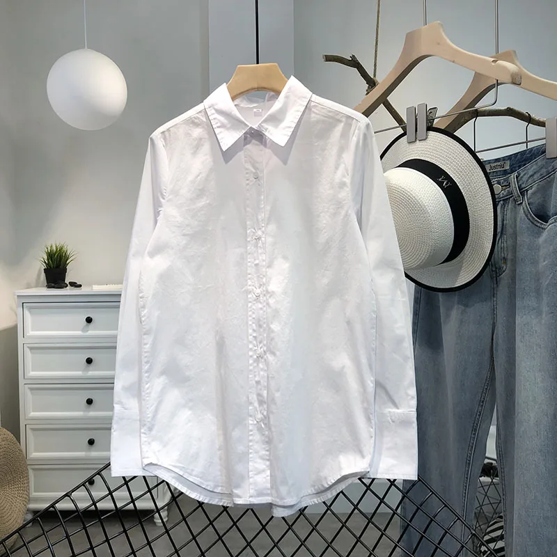 

Cotton 100% White Women Shirts Summer New 2022 Loose Turn-Down Collar Office Lady Outwear Coats Tops