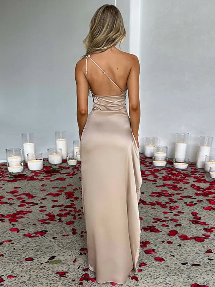 Sommer Sexy One Shoulder Satin Lang für Damen ärmellos rückenfrei High Split Party Abendkleider Elegantes Cocktailkleid