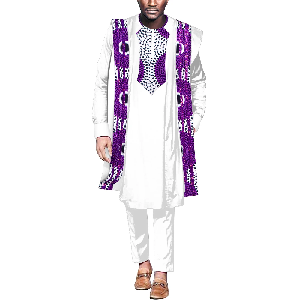 African Clothes for Men Dashiki Agbada Robe Suits 3 Pcs Set Loose Coat Shirt and Pant Patchwork Men African Style Outfit WYN1848