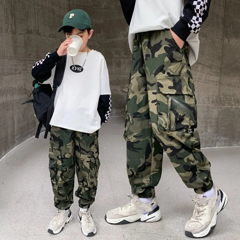 Boys Camouflage Jogging Pants Streetwear Cotton Cargo Trousers Harajuku Casual Joggers Spring Fall for Kids Clothes 6 to 14 Year