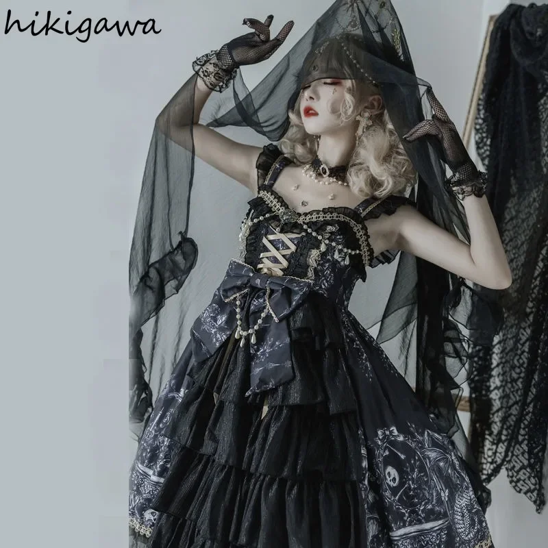 Lolita Stil Harajuku Frau Kleider Streetwear Japanische Gothic Sling Robe Femme Print Bandage Bogen