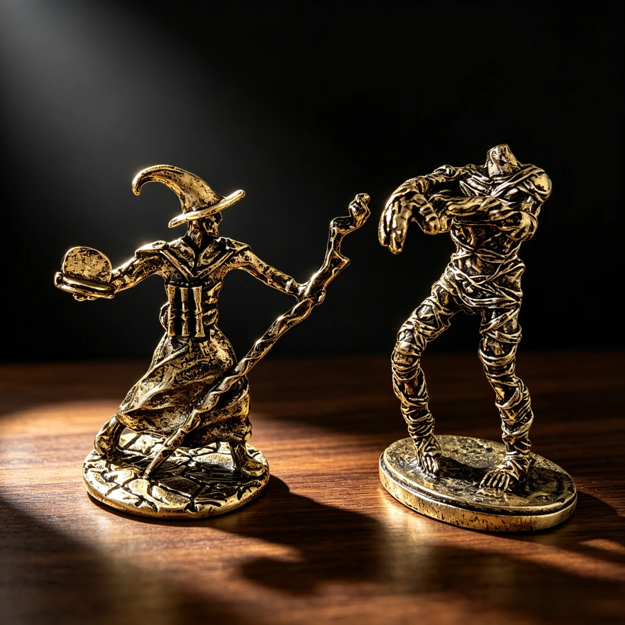 2 antique brass fantasy mage and mummy dolls, three-dimensional carvings of magical story characters