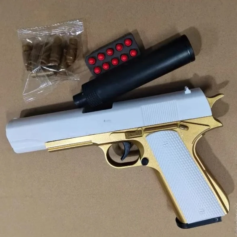 

Пластиковые игрушки: Пистолет M1911 с мягкими пулями и выдвижным затвором, золотисто-белый корпус. Идеальный подарок для мальчиков для игр на улице.