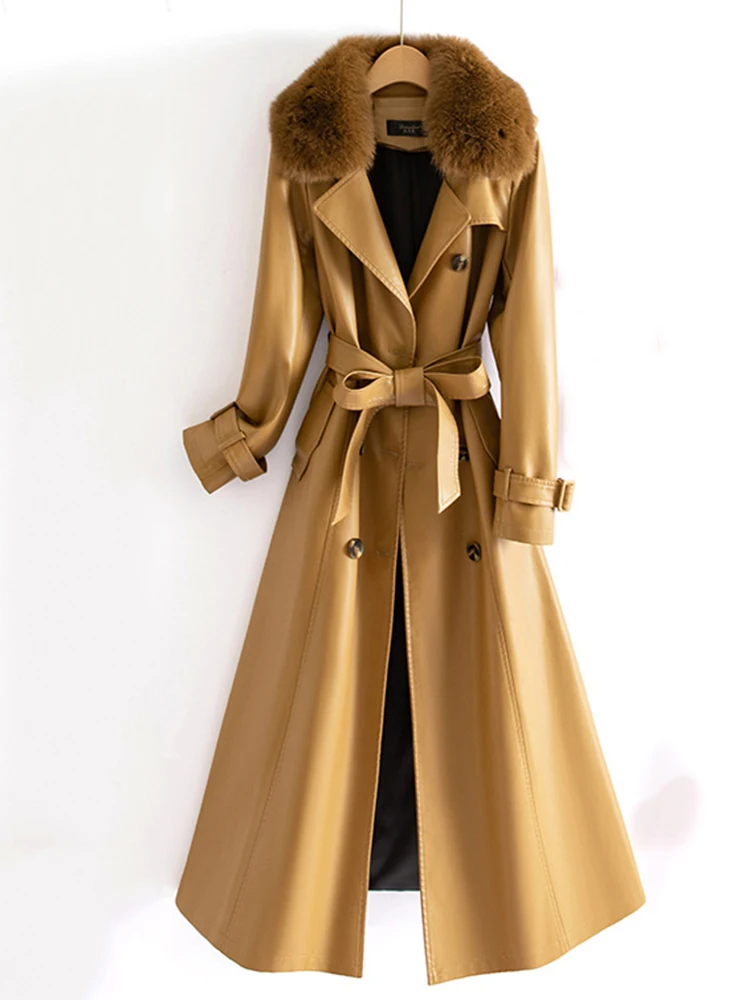 New Women Fox Fur Collar Cotton Liner Split Leather Coat Autumn Winter Fashion Double Breasted Slim Waist Long Trench Coat