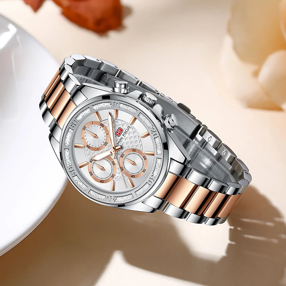 MINI FOCUS 0615L Luxury Diamond Quartz Watches for Women Waterproof Calendar Luminous Chronograph Steel Strip Reloj Mujer