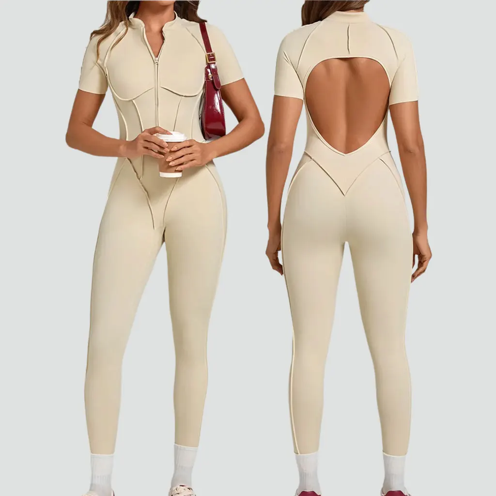 

Осенний женский комбинезон с воротником-стойкой и короткой молнией, облегающий, с эффектом подтяжки ягодиц, для йоги и фитнеса, спортивный костюм
