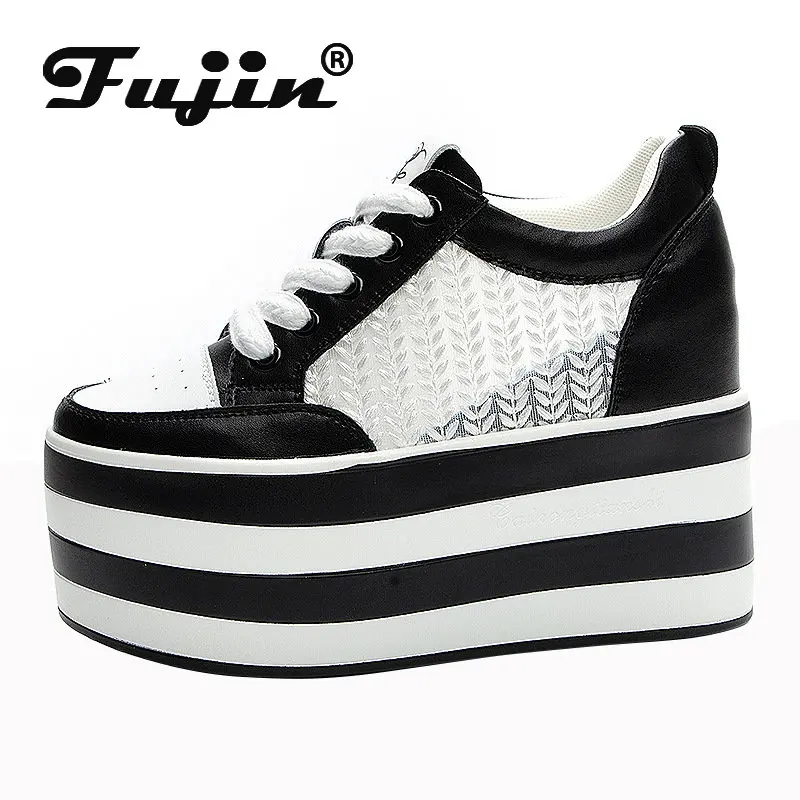 

Fujin 12cm Air Mesh Chunky Sneakers Wedge Platform Lace Breathable Hollow Shoes Vulcanized Summer Genuine Leather Hidden Heels