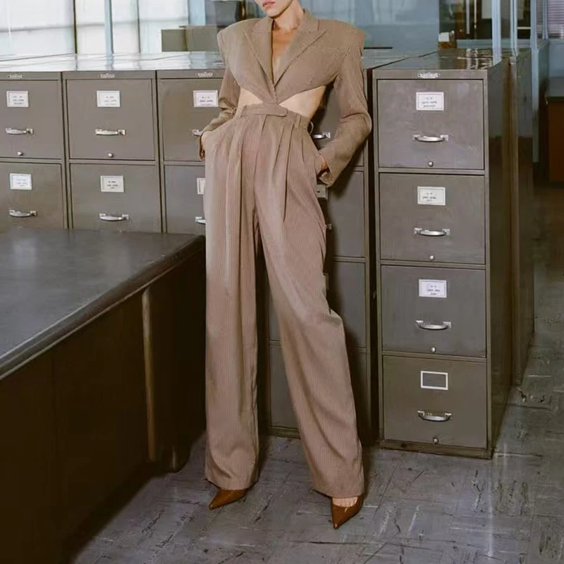 Completo intero da donna a quadretti, giacca sexy in vita ritagliata, pantaloni a gamba larga con decorazione della cintura, pantaloni lunghi di alta qualità,