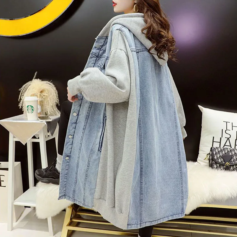 New Women Denim Splicing Hoodie Cardigan Autumn Winter Long Hooded Denim Jacket Loose Female Casual Windproof Motorcycle Jackets