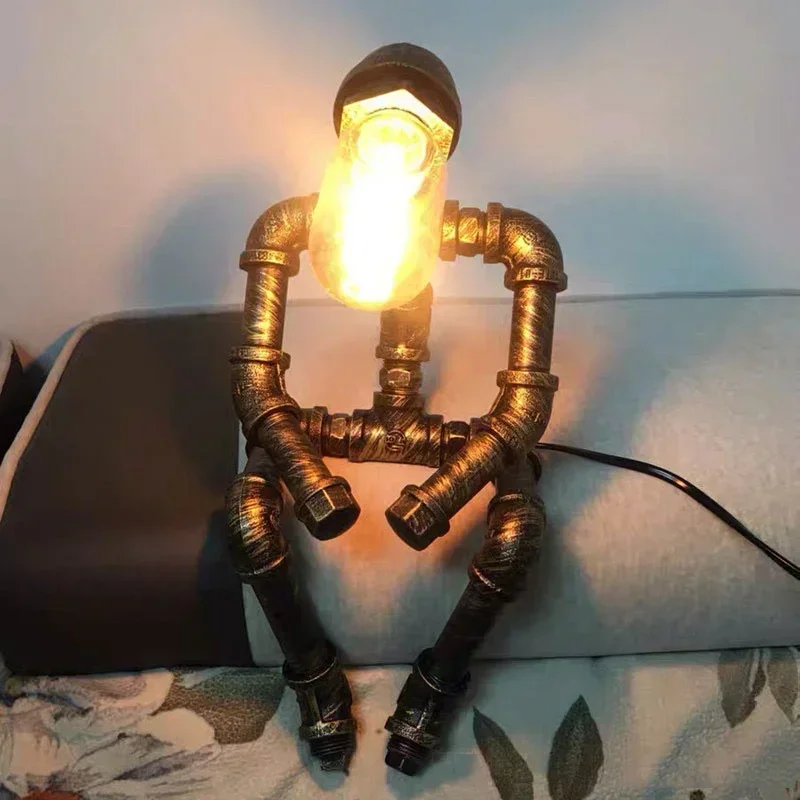 Vintage Steampunk Desk Lamp Pipe Light Unique Industrial Style Robot Bedside Table Lamp for Bedroom Restaurant Cafe Decoration