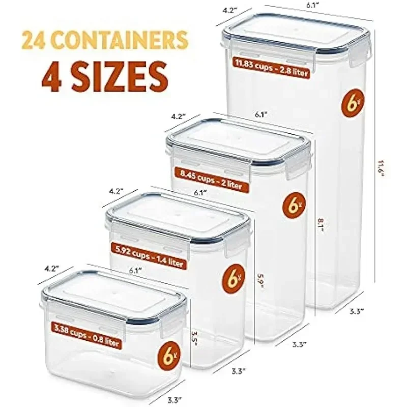 24 Pack Airtight Food Storage Container Set - BPA Free Clear Plastic Kitchen and Pantry Organization Canisters with Durable Lids