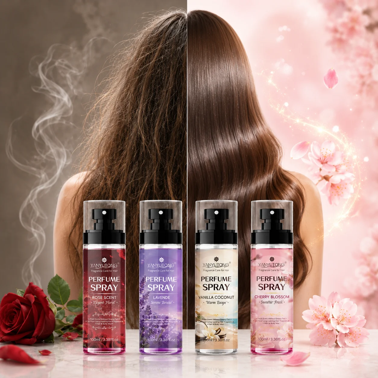 Four Scented Spray Options for Hair Care, Featuring Long-Lasting Fragrance, Moisturizing and Nourishing Properties, and a Silky,