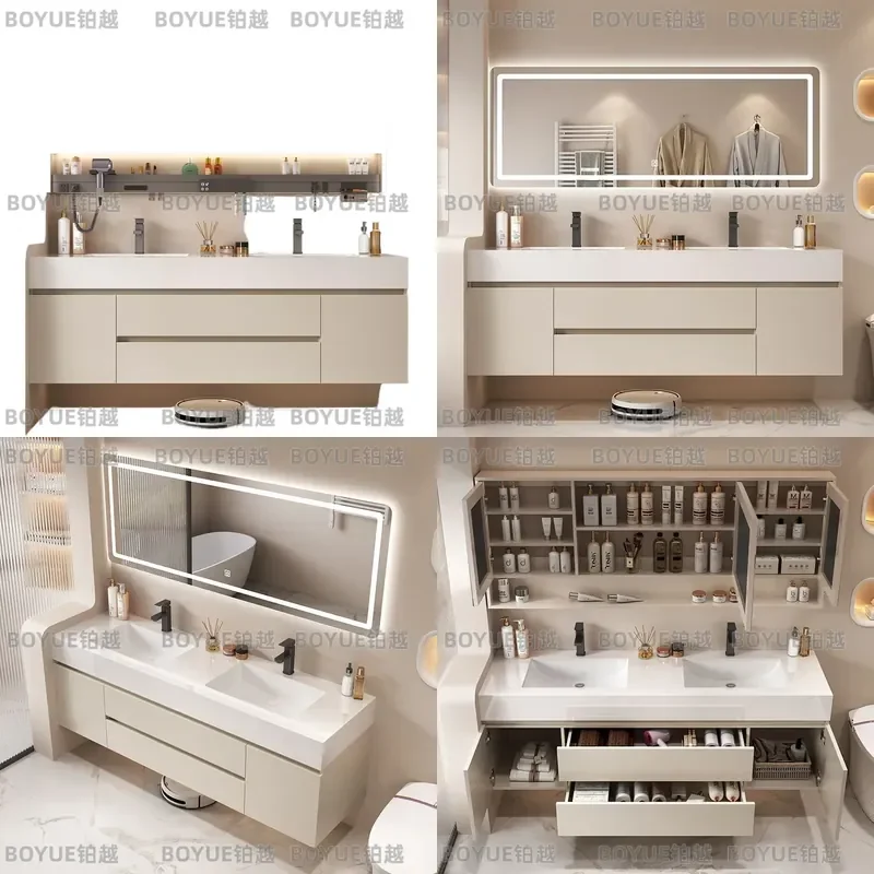 Cream Style Bathroom Vanity Set with Rock Slab Top Seamless Integrated Ceramic Double Basin Sink for Public Restroom Modern