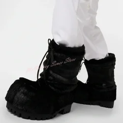 New Fur Big Round Toe Boots Thick Sole Platform Lace Up Ankle Boots Sexy Designer Women Men Shoes Winter Party Luxury Big Size