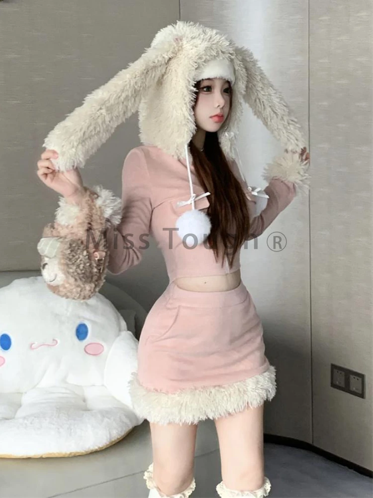 Pink Japanese Kawaii Two Piece Set Women Korean Style Casual Y2k Skirt Suit Female Patchwork Bow Hooded Coat＋Mini Skirt 2023