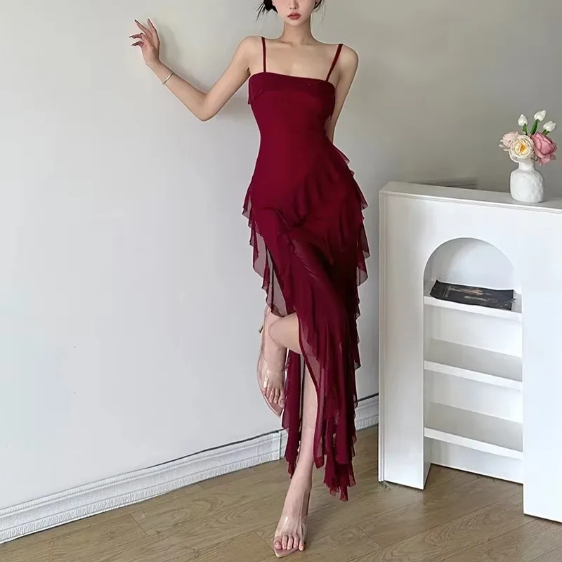 Women Backless Lace Up Sling Summer High Waist Solid Slash Neck Ruffled Midi Dress Slim Fit
