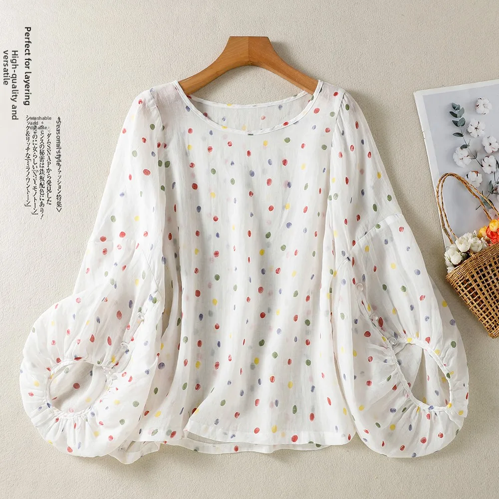

Summer New plus Size High End Luxury Women's Polka Dot round Neck Lantern Sleeve Loose T-Shirt Base Shirt Top