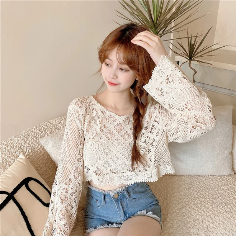 Summer Sweet Cutout Thin Knitted Sun Protection Loose Short Blouse Lace Shirt for Women Wholesale