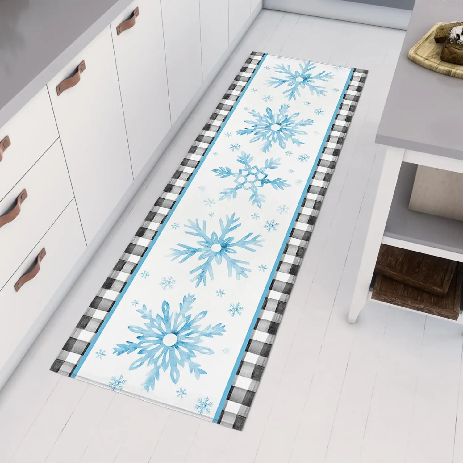 Christmas Snowflake Black Blue Checkered Kitchen Mat Decor Non-Slip Corridor Balcony Rugs Bedroom Bedside Floor Mat Xmas Decor