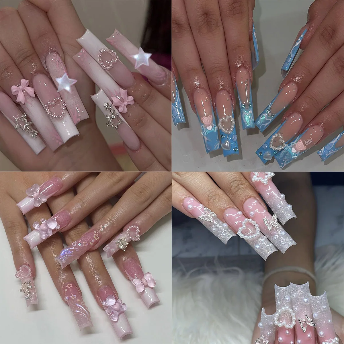 24pcs False Nails Full Cover Long French Ballerina Sweet Rhinestone Wearable Manicure Combination Coffin Nails Tip Art with Glue