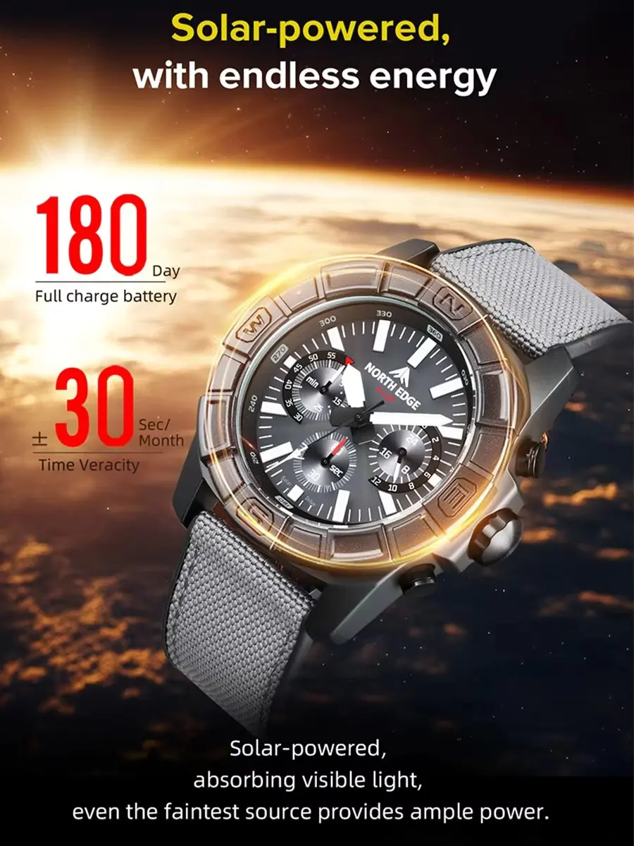 

NORTH EDGE 2025 BLAZE Men's Watches Solar Power 316 stainless steel Case Quartz Watch For Men Pilot Waterproof 50M Stopwatch
