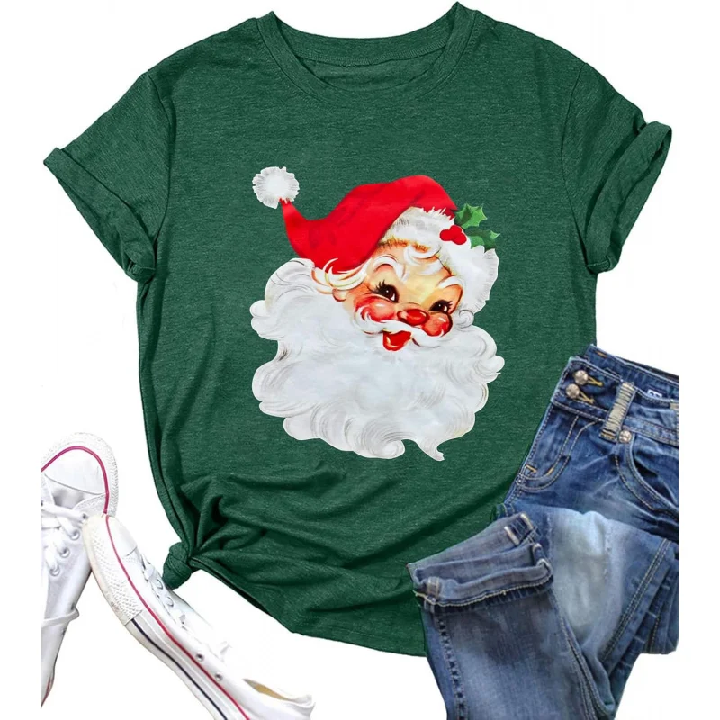 

Christmas T-shirt 2024 Top with Santa Claus Pattern Decoration for Women