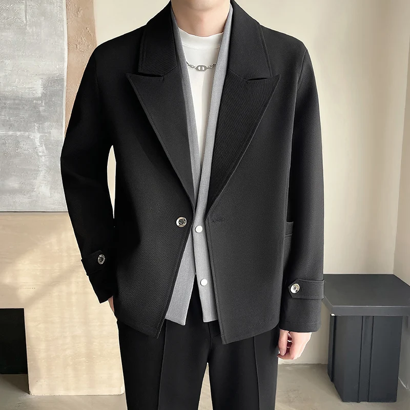 

Autumn Fake Two Pieces Suit Collar Jacket Men Lapel Casual Business Jackets Korean Loose Social Office Short Coat Men Clothing