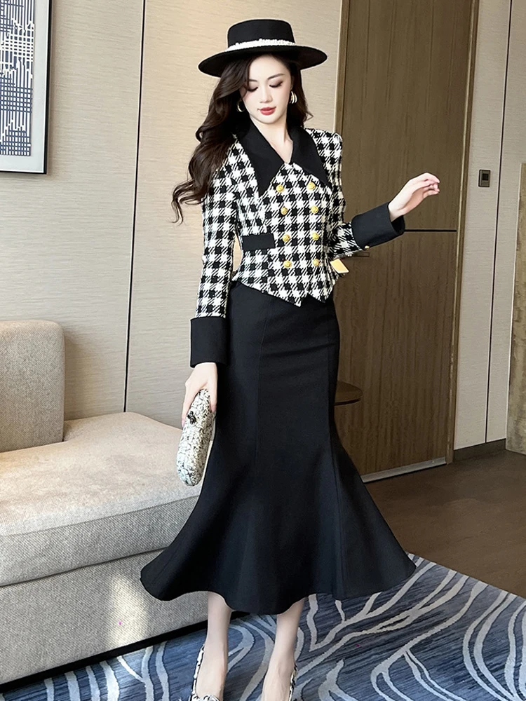 

Женская уличная одежда, черное клетчатое платье из 2 предметов с лацканами, тонкое платье «рыбий хвост», элегантное женское модное платье, вечерние платья, новинка осени