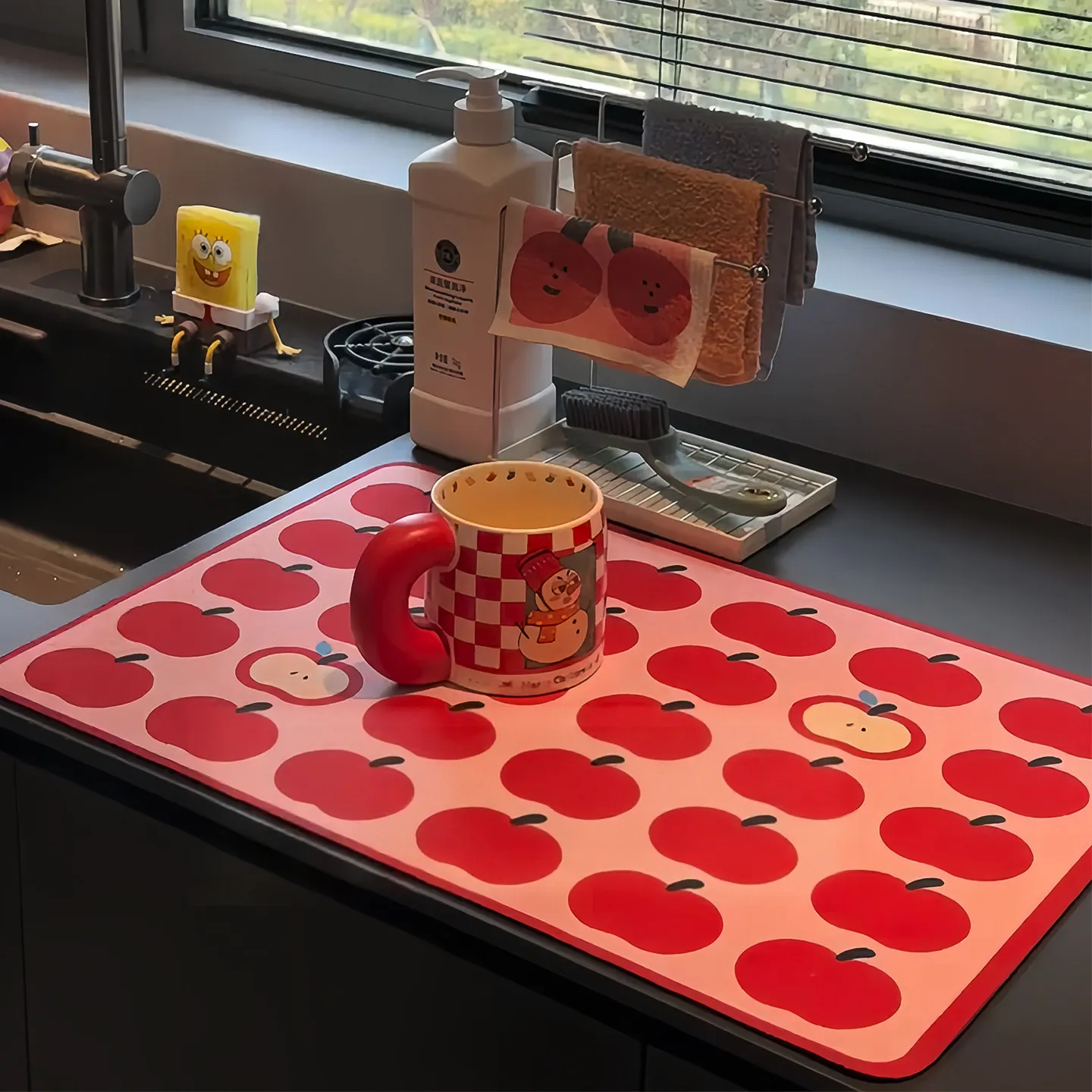 VIKAMA Red Check Apple Print Drying Mat Waterproof Non Slip Absorbent Pad For Kitchen Counter Sink Cup Tableware Storage Rug