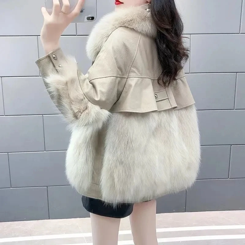 2023 Winter New Korean PU Leather Fox Hair Imitation Mid length jacket Thickened Women\'s Coat Fur Coat Women\'s Jacket Loose Coat