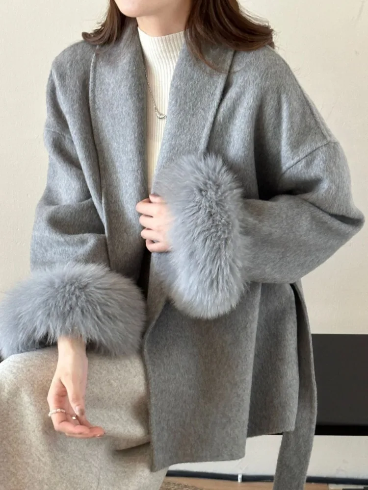 LANMREM Double Sided Wool Coat For Women Fox Fur Stitching Sleeves Lapel Solid Color Belt Coats Woolen Clothing Winter 2DA2598