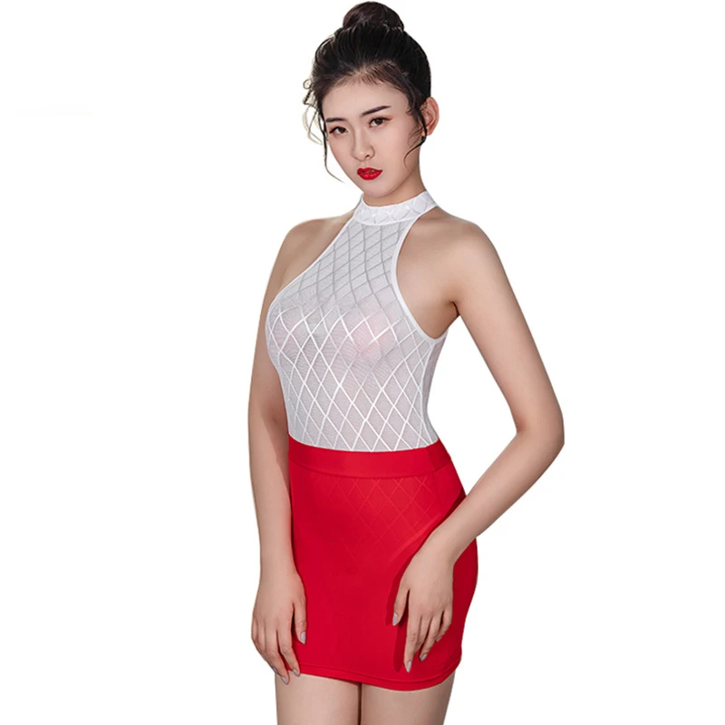 Erotic Office Lady Cosplay Uniform Transparent Crotehless Bodysuit Mini Pencil Skirt Set Sexy Secretarial Uniform Porn Costume