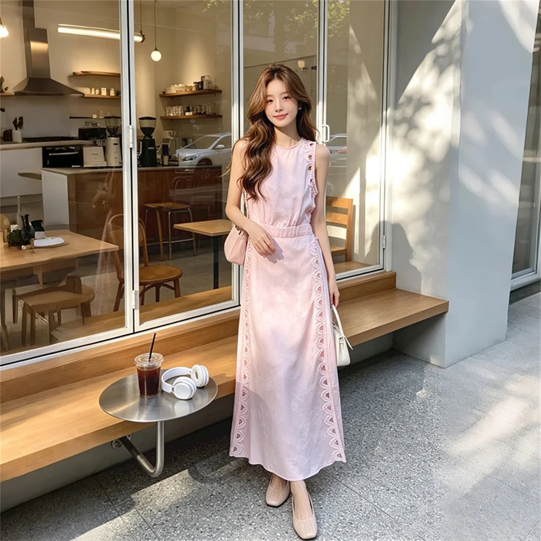 

Elegant Pink Hollow out Sleeveless Waist-Cinched French Style Holiday Dress Gentle A-Line Silken Gauze Fiber Summer Dress