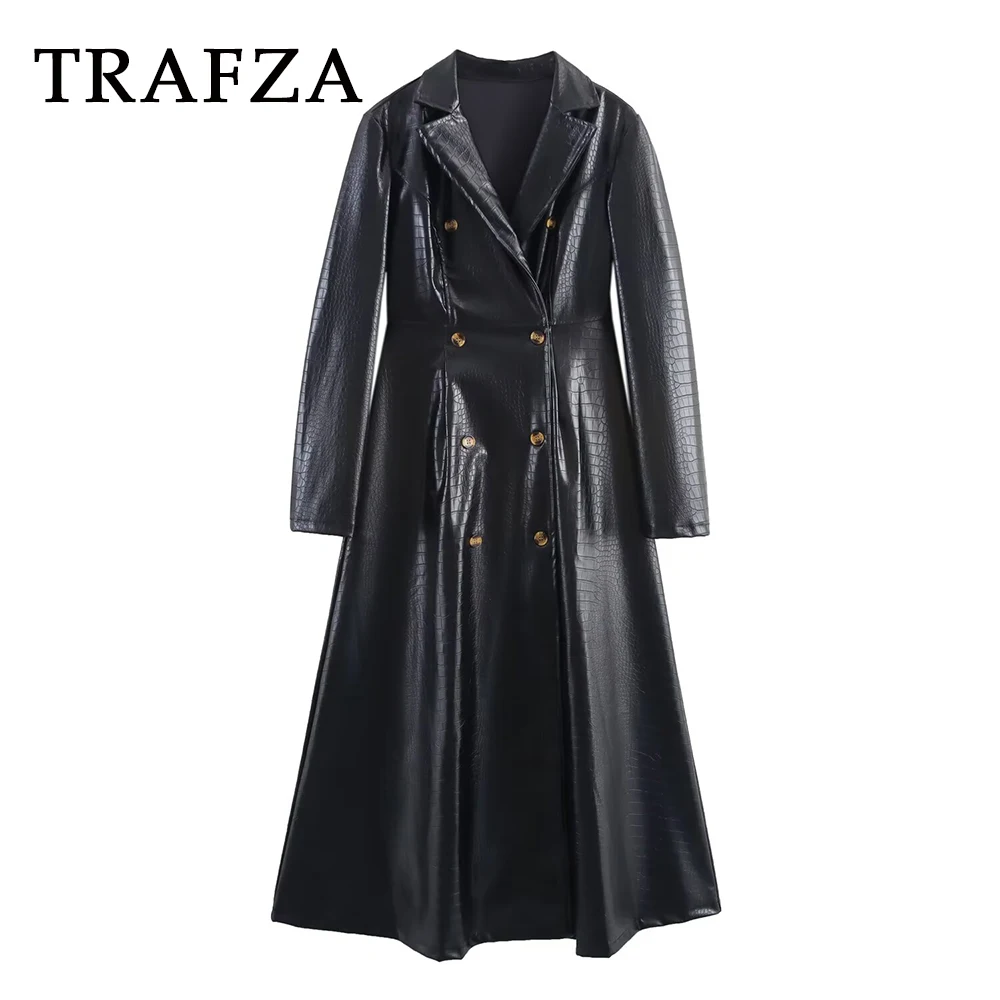 

TRAFZA Vintage PU Black Overcoat Fashion 2025 Autumn Casual Double Breasted Streetwear Loose Folds Vintage Cool Long Female Coat