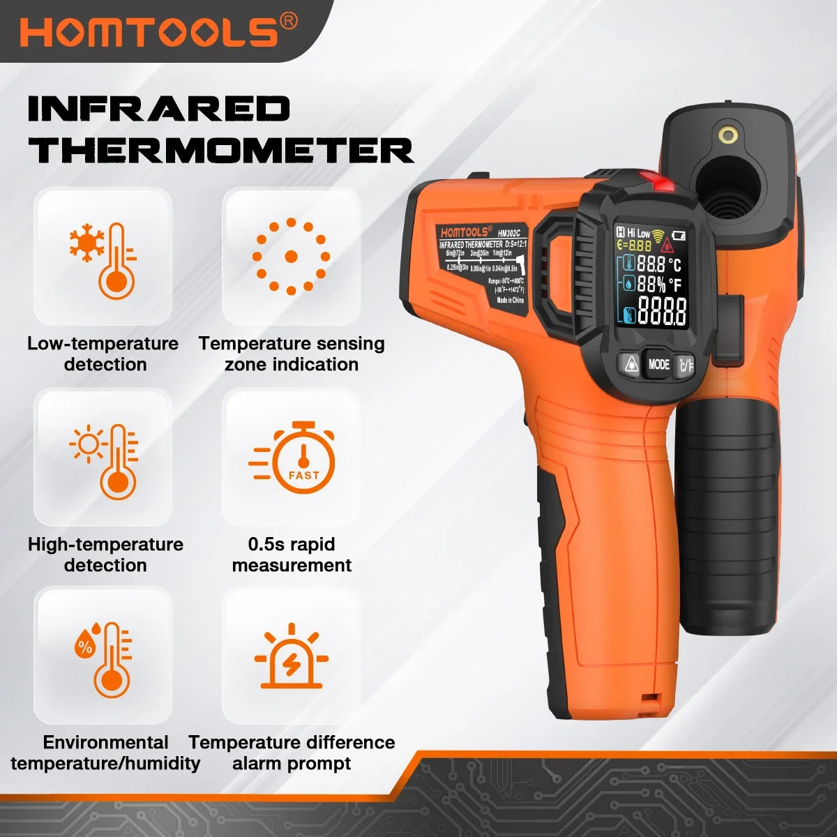 

HOMTOOLS HM302ABC Digital Infrared Thermometer -50~800℃ Non-contact Laser Thermometers Pyrometer LCD display Point Gun Tester