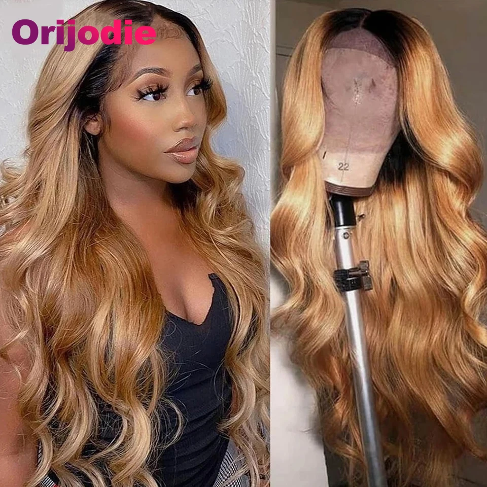 Honey Blonde Body Wave Perucas de Cabelo Humano, Ombre, Mel, Transparente, T Part, Lace Wig, Parte Média, Brasileiro, 13x4x1, Clearence Sale