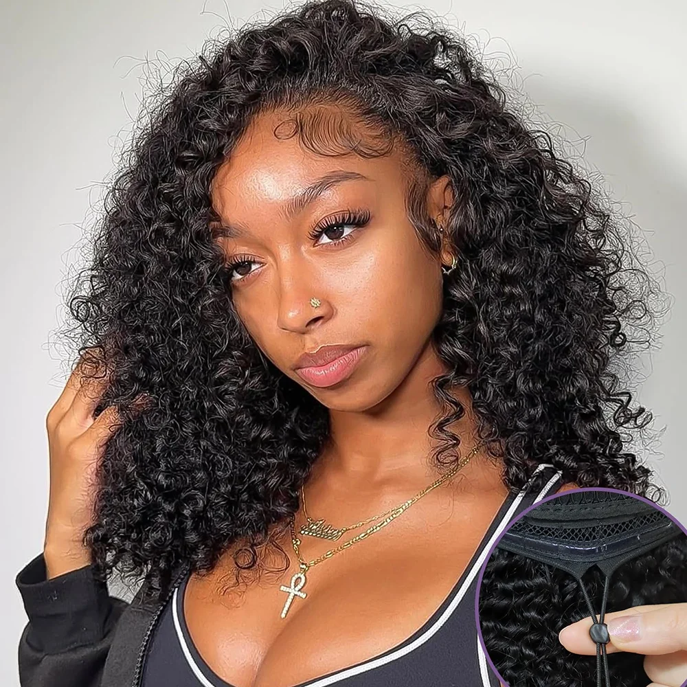 

300% полупарик Кудрявые вьющиеся бесклеевые парики Человеческие волосы Готов к ношению Полупарик 3 в 1 с бесшовными зажимами на шнурке