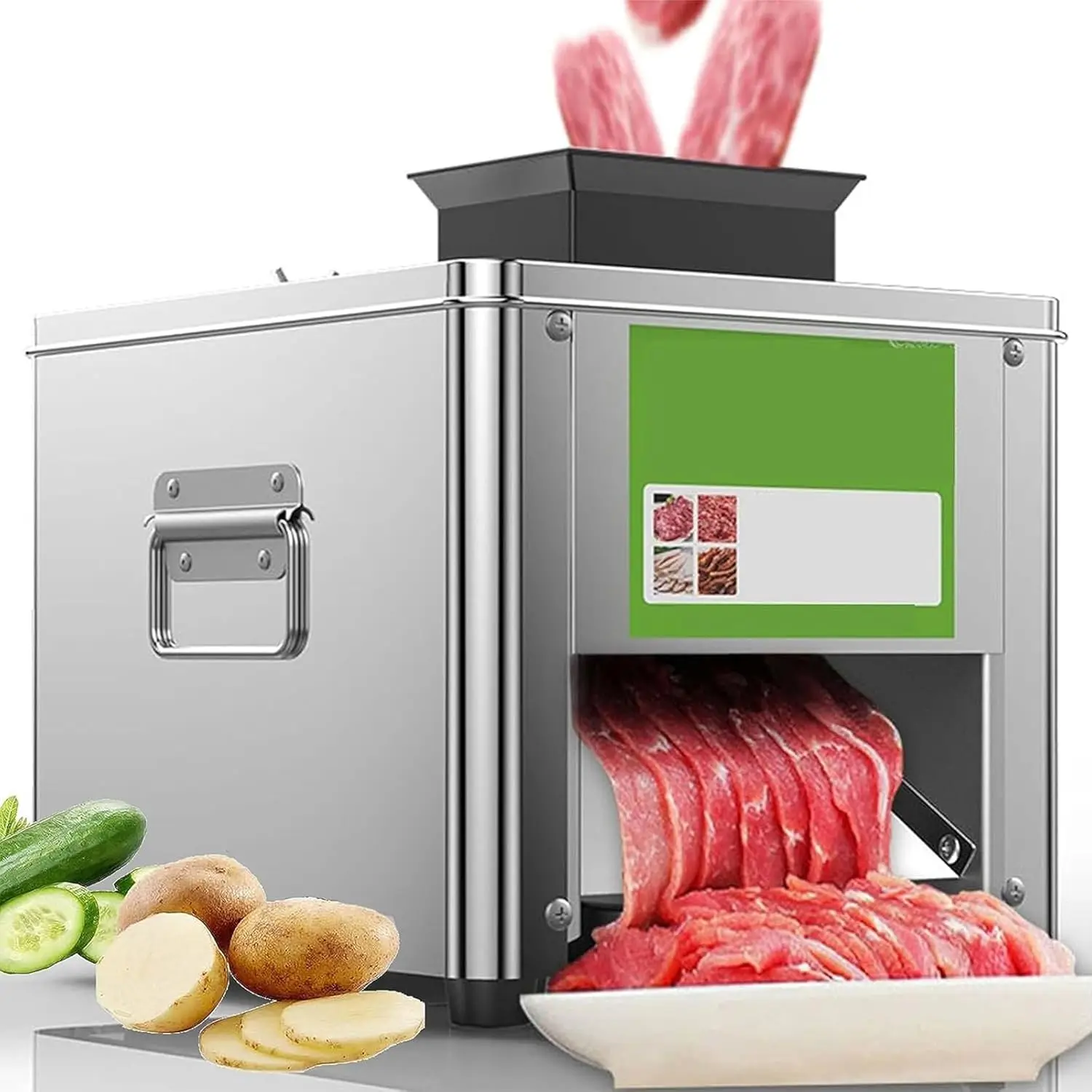 

Промышленная машина для нарезки мяса 850 Вт - высокоскоростная (310 об/мин), корпус из нержавеющей стали, производительность 150 кг/ч, тонкая нарезка мяса