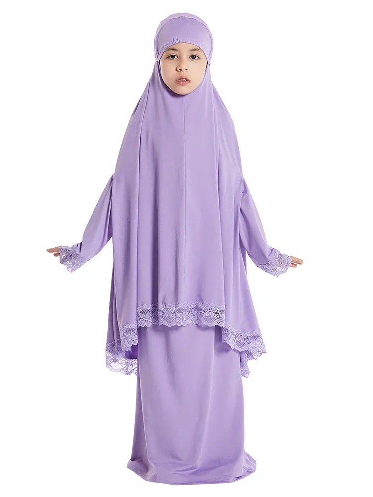 Imagem -04 - Muçulmano Crianças Meninas Hijab Vestido Ramadan Khimar Saia Conjunto Sobrecarga Eid Oração Vestuário Burqa Abaya Robe Kaftan Vestido com Capuz Jilbab